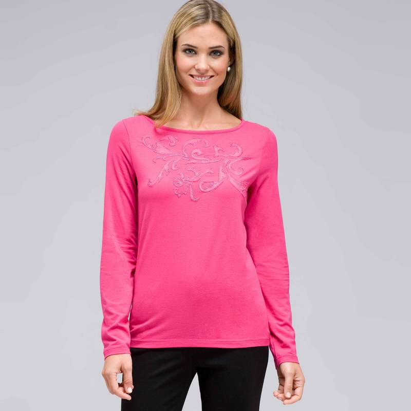 Long Sleeve Embellished Boat Neck Top, Begonia Pink, large image number 0